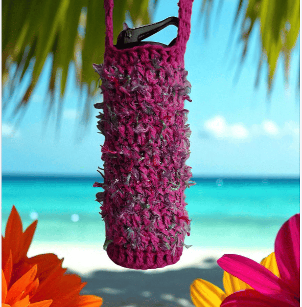 Hand Crochet Water Bottle Holder Crossbody Water Bottle Carrier Hot Pink Fashion
