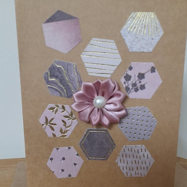 HANDMADE HEXAGON AND FLOWER BLANK CARD.