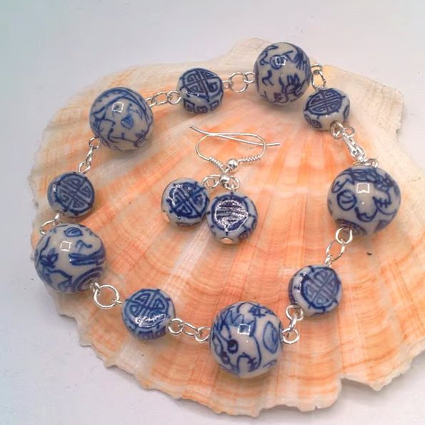 Blue Patterned White Ceramic Bead Bracelet and Earrings, Gift for Her