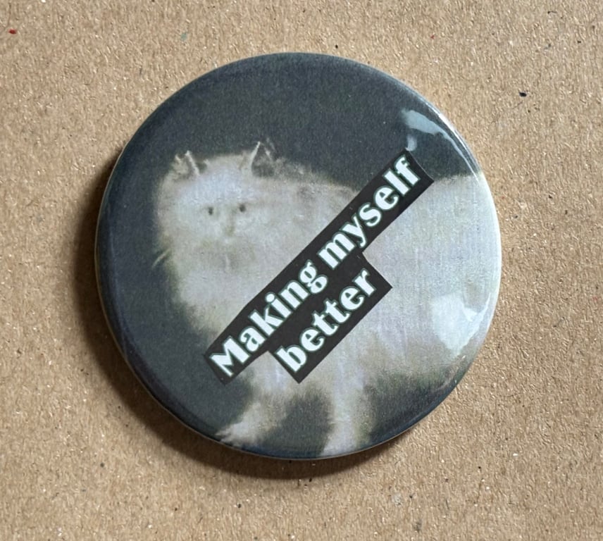 Collage pin badge - medieval cat meme - making myself better