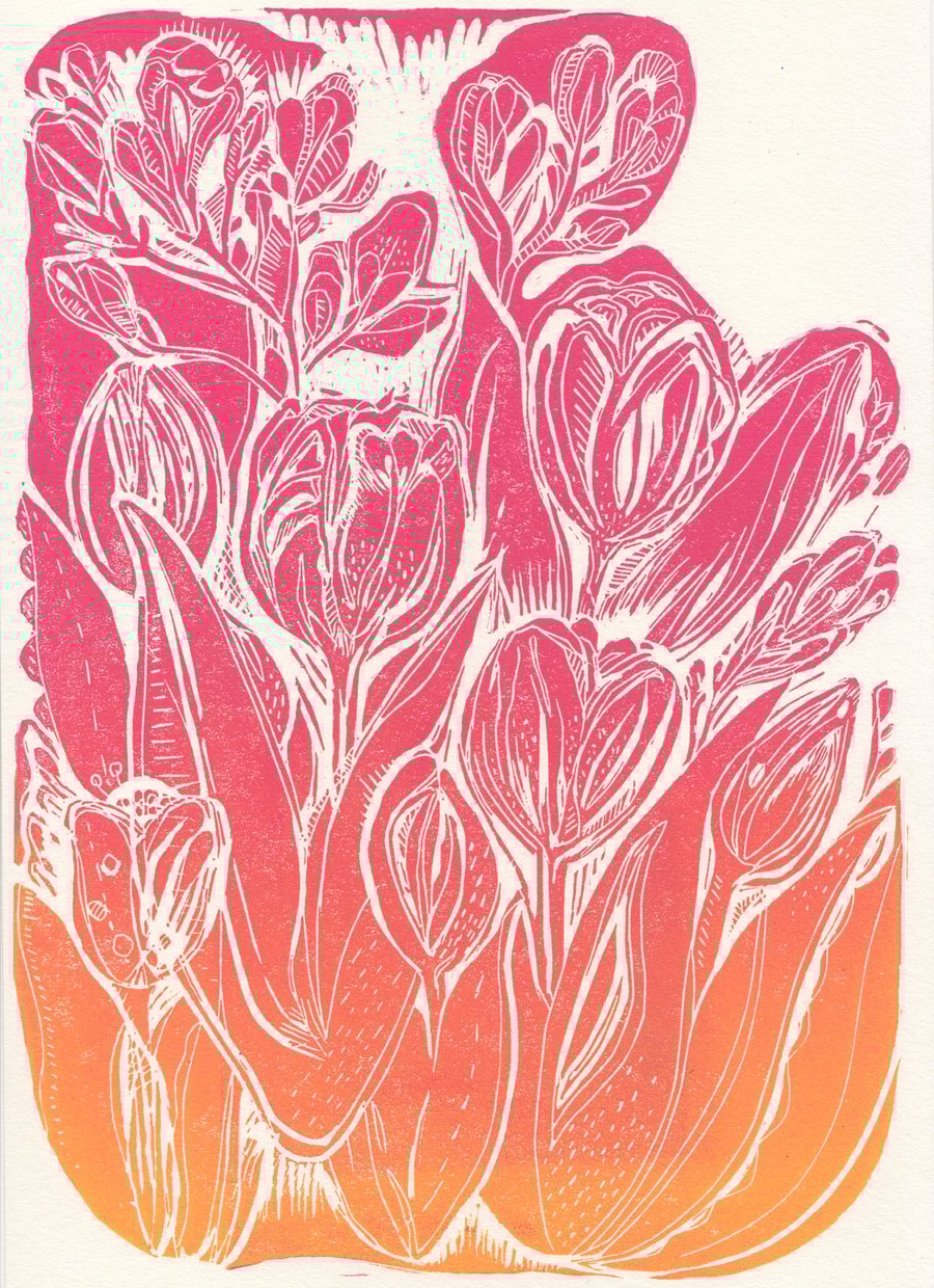 Sunset Tulips - A4 Original Art Linocut Print