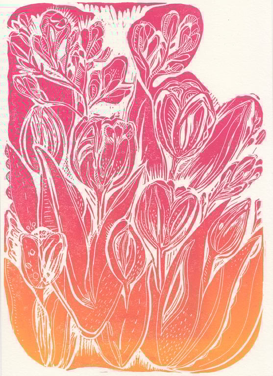 Sunset Tulips - A4 Original Art Linocut Print