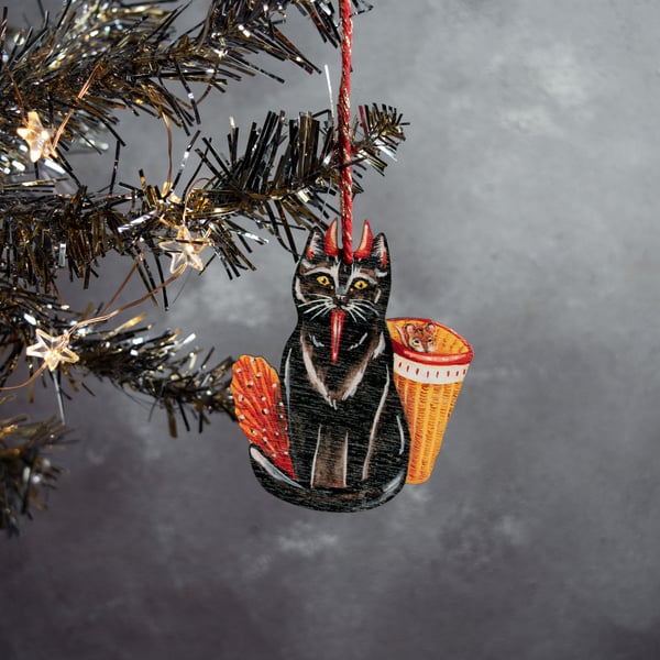 Krampuss cat Christmas hanging decoration, made from laser cut wood