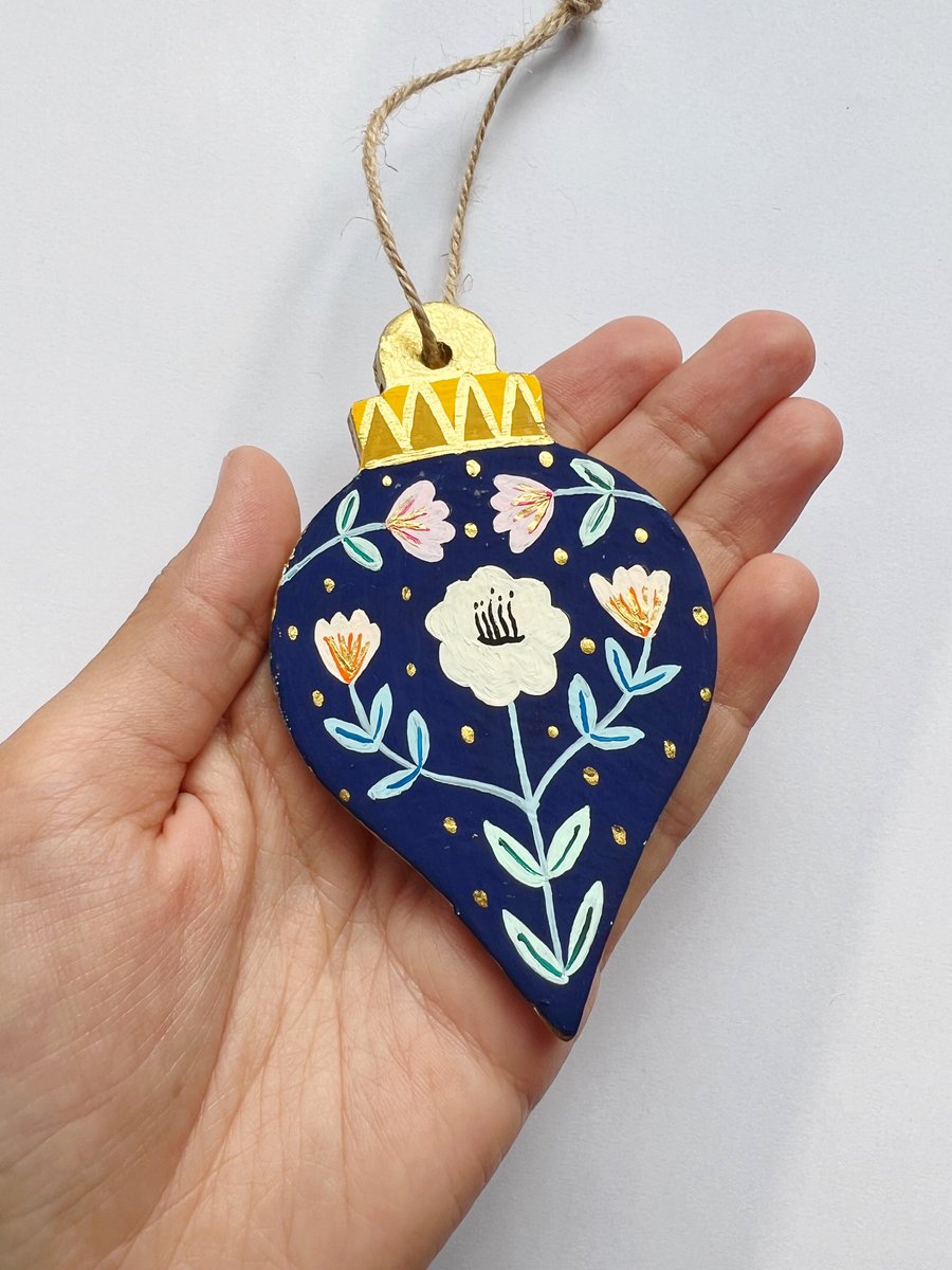 Dark Prussian Blue Christmas ornament with Pastel Florals Gold Accents