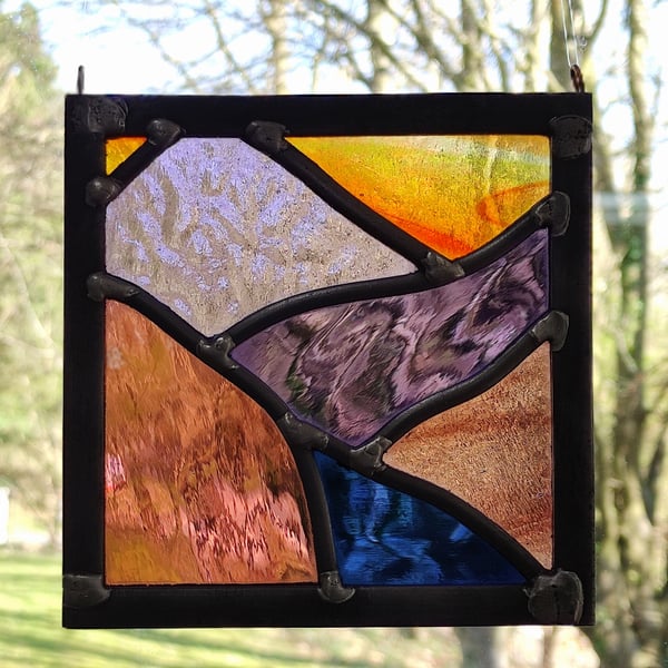 SOLD Stained glass leaded orange sunset purple landscape