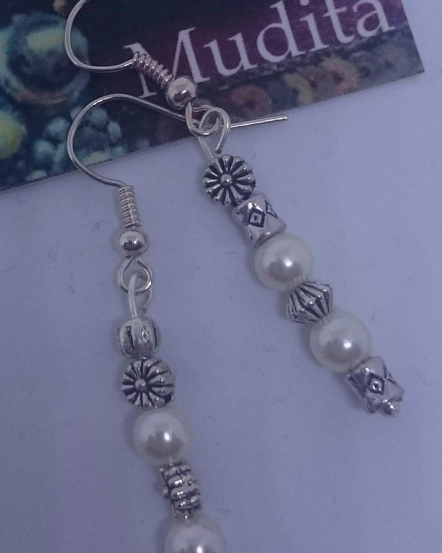  Dangly Sterling Silver Earrings with Siver Flower and Pearl Beads