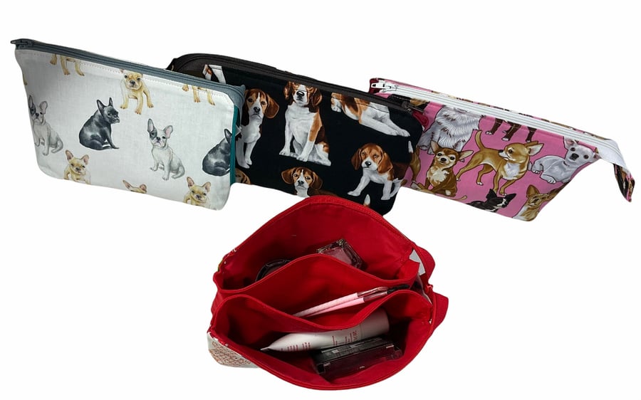 Makeup organiser bag with dogs, 3 section cosmetics pouch with french bulldogs, 