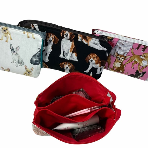 Makeup organiser bag with dogs, 3 section cosmetics pouch with french bulldogs, 