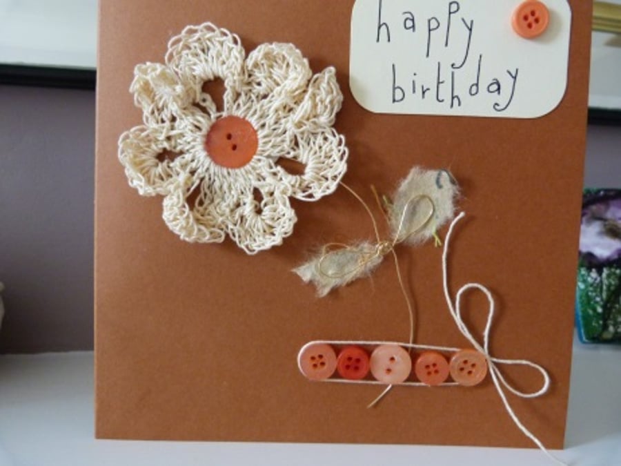 Burnt Orange Crochet Flower Birthday Card