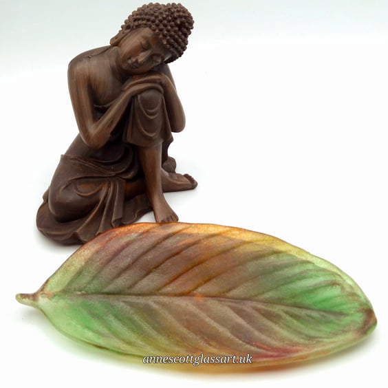 Unique Handmade Fused Glass Rainforest Leaf Cast in Autumn Colours