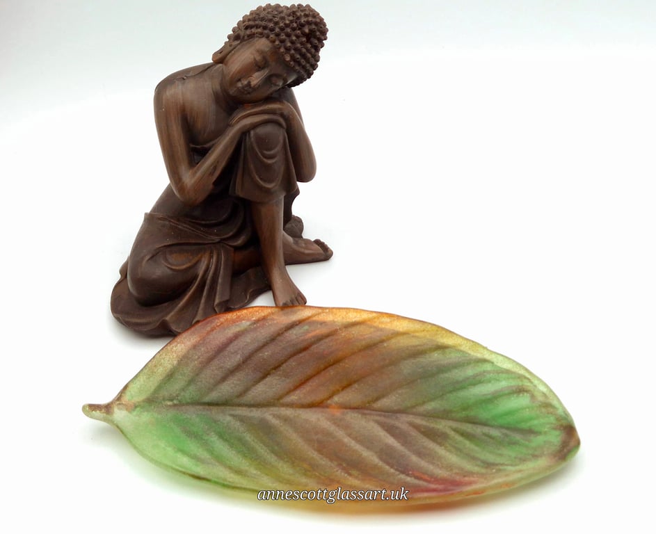 Unique Handmade Fused Glass Rainforest Leaf Cast in Autumn Colours
