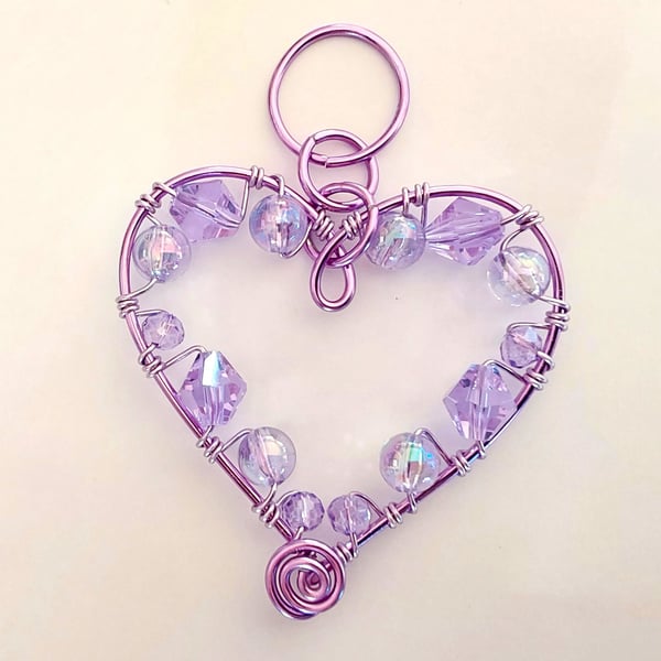 Beaded Heart Hanging Decoration Handmade with Wire in Purple