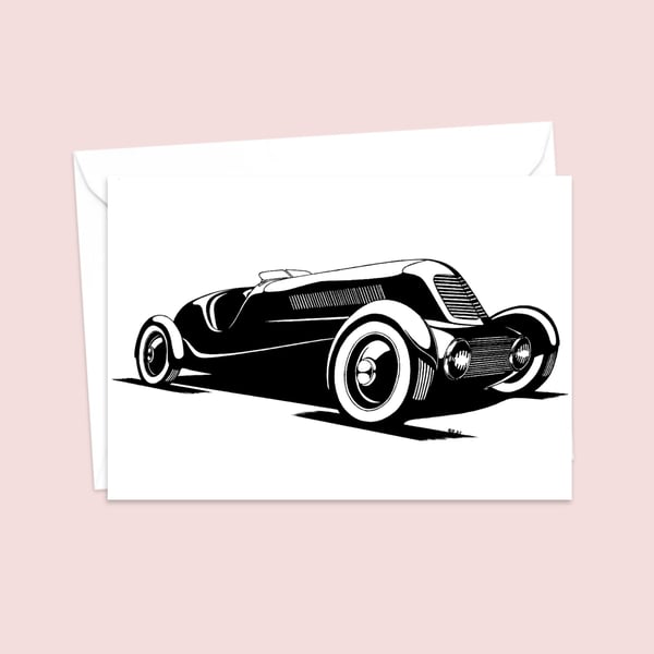 Vintage American Car Greetings Card: Detailed Pen and Ink Illustration (414)