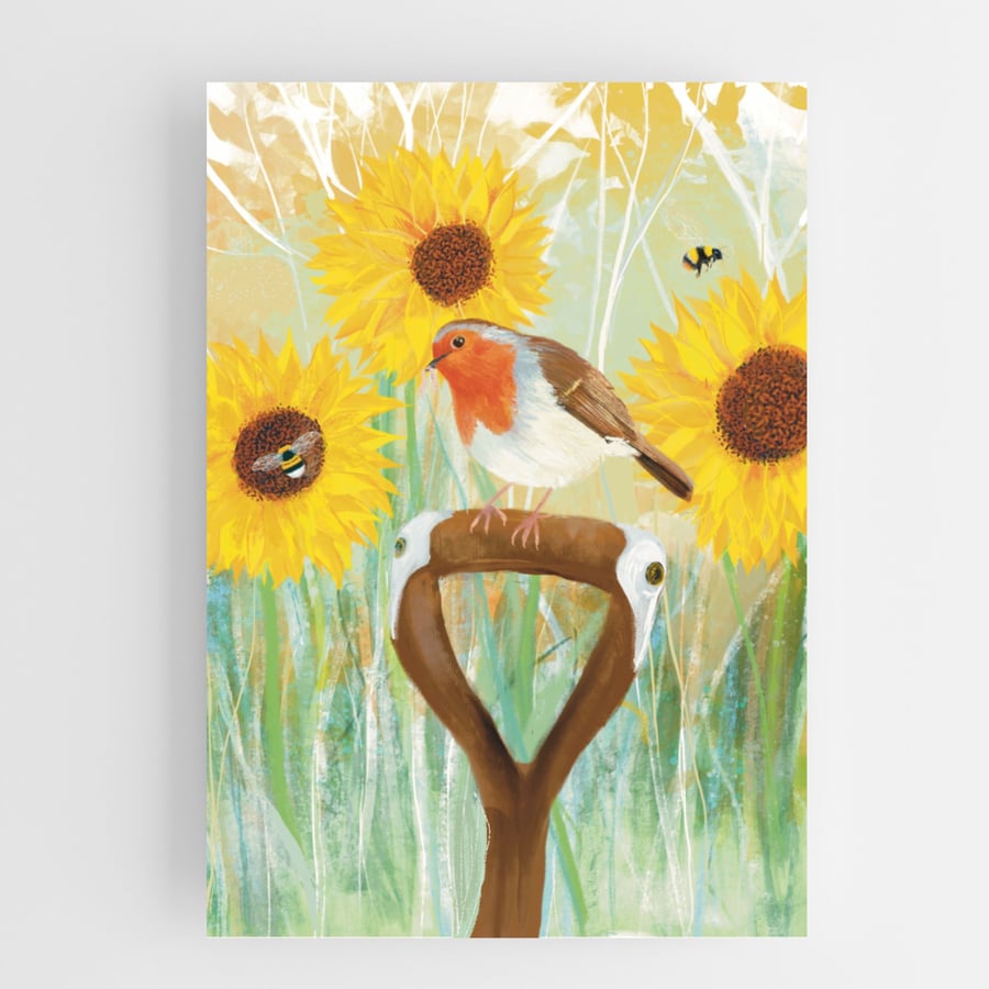Blank bird card Robin bird sunflowers blank card 