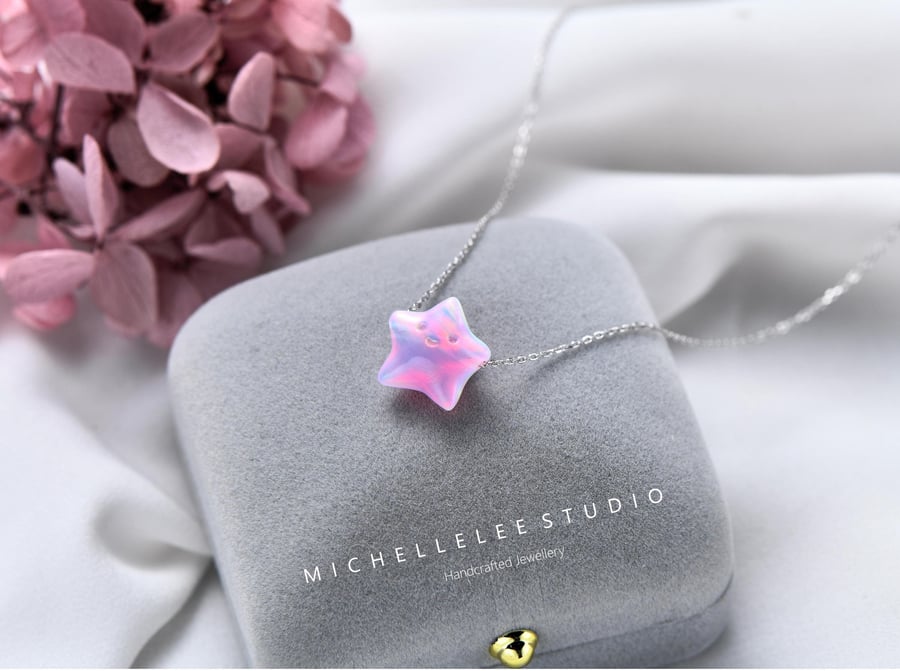 Pink Star Opal Necklace With 925 Sterling Silver Chain