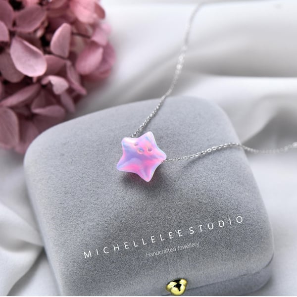 Pink Star Opal Necklace With 925 Sterling Silver Chain