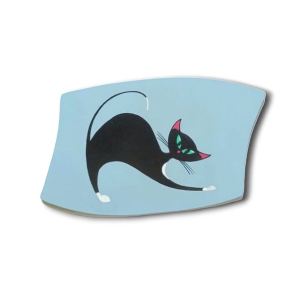 Cat Wall Art, Blue Cat Decoration, Mid Century Style Black and White Cat Plaque