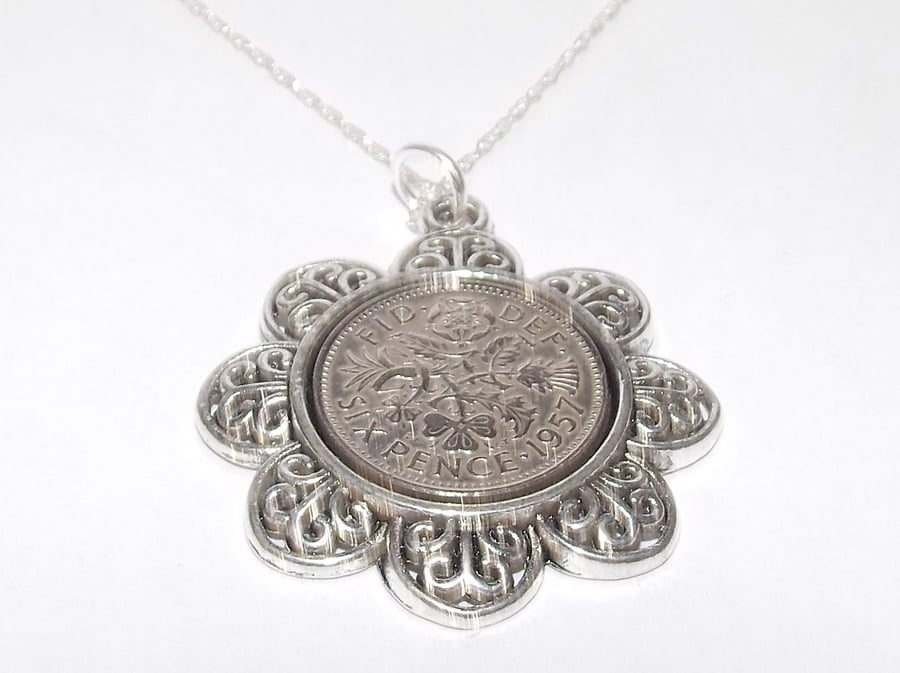 Floral Pendant 1957 Lucky sixpence 64th Birthday plus a Sterling Silver 22in Cha