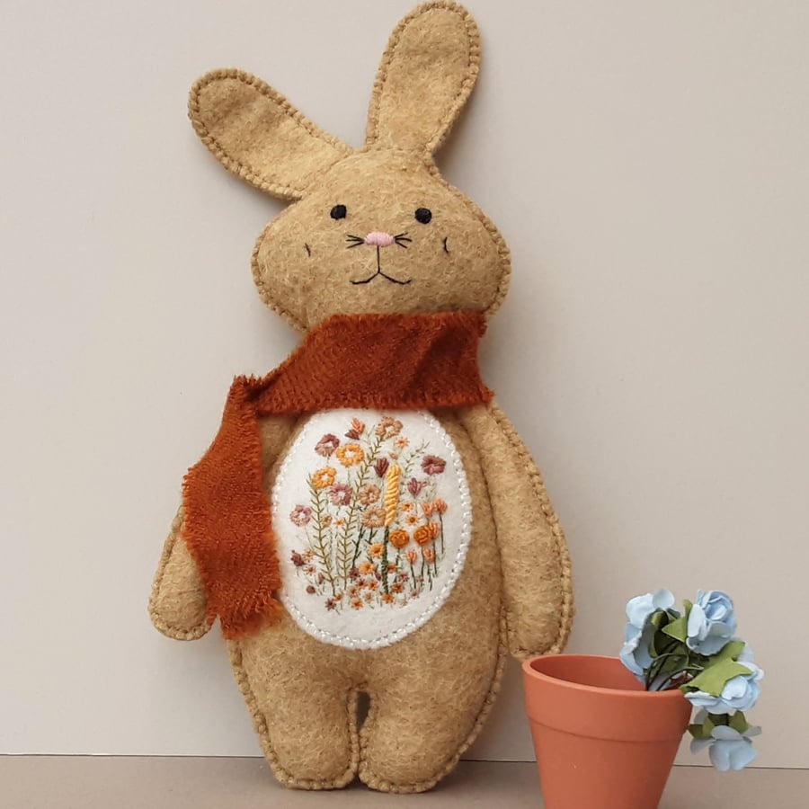 Rabbit, hand embroidered woodland bunny keepsake gift, hanging art doll