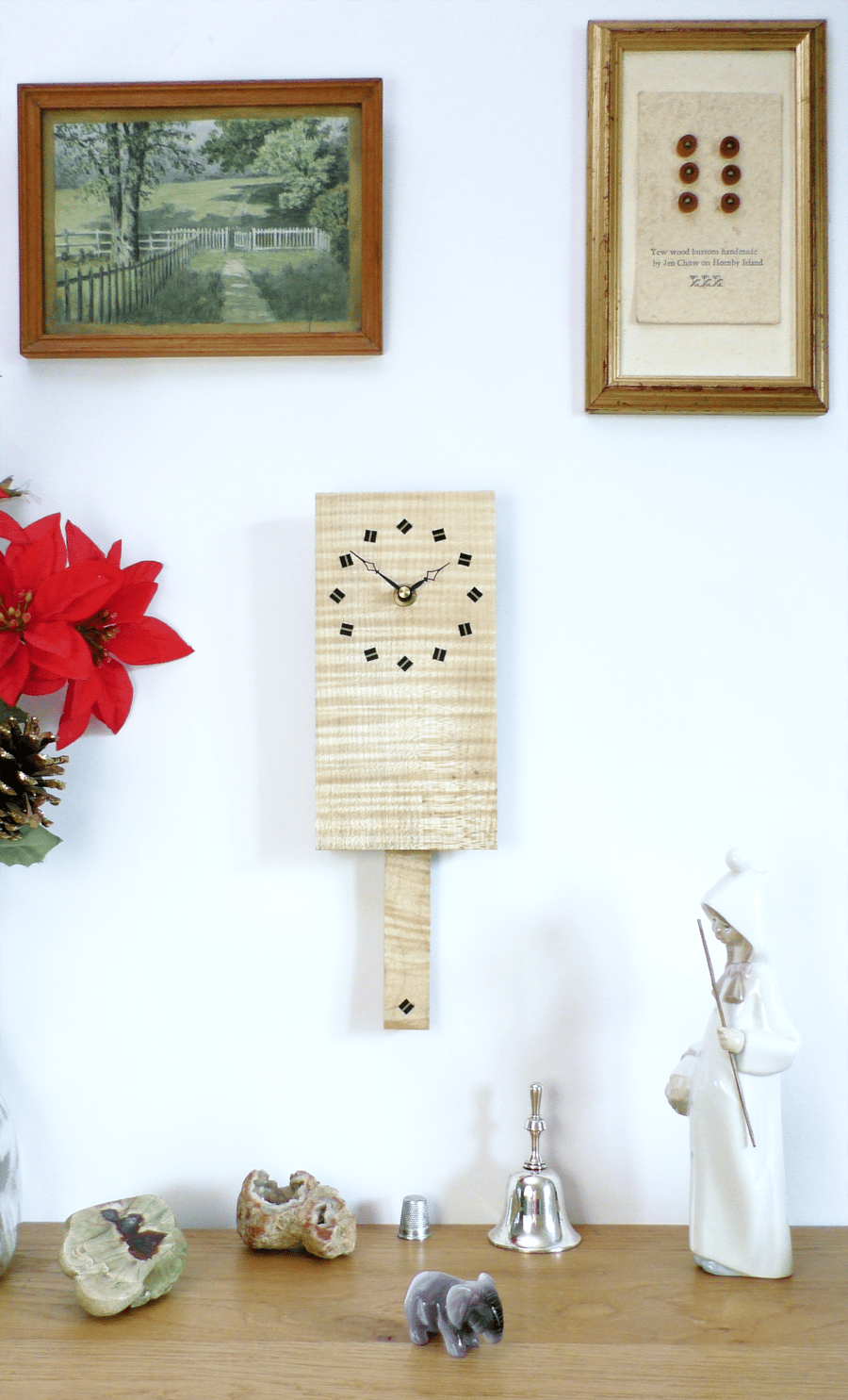 Wooden Pendulum Wall Clock in ripple sycamore with ebony & sycamore diamonds