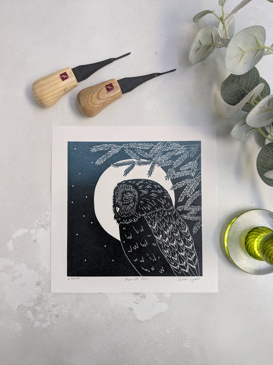 Moonlit Owl Linocut Print, Moon Gazing Owl