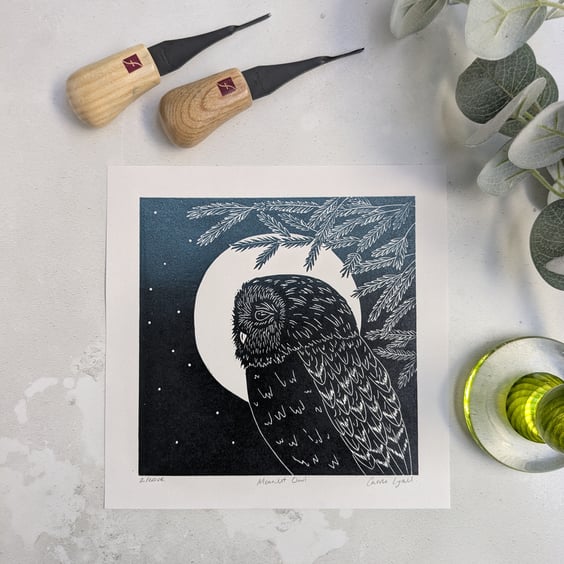 Moonlit Owl Linocut Print, Moon Gazing Owl