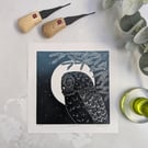 Moonlit Owl Linocut Print, Moon Gazing Owl