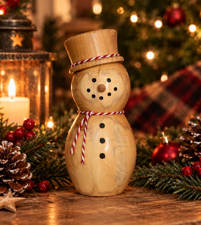 Handmade Yew Wooden Snowman, Christmas Decoration, Wood Turned Christmas Decor, 