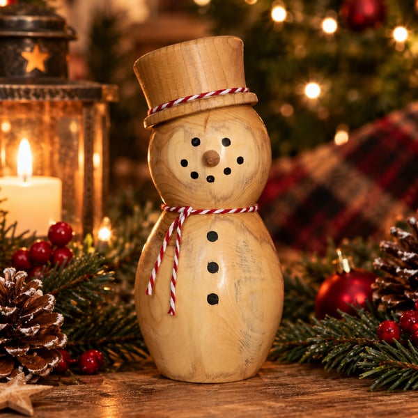 Handmade Yew Wooden Snowman, Christmas Decoration, Wood Turned Christmas Decor, 