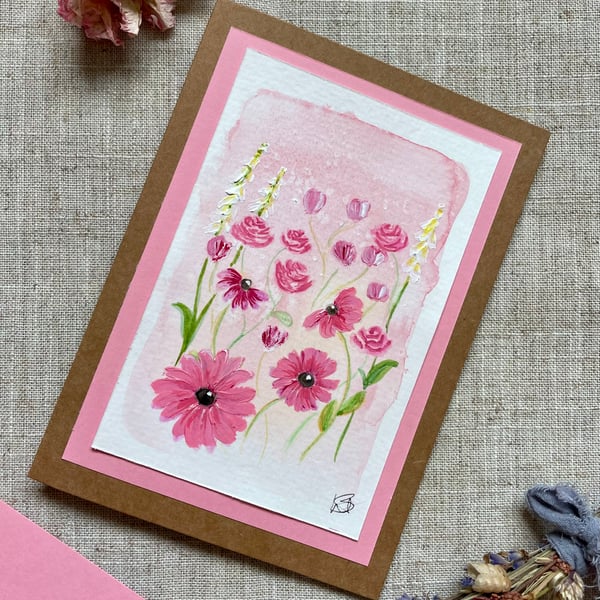 Blank greeting card, hand painted mixed media floral, original artwork. 