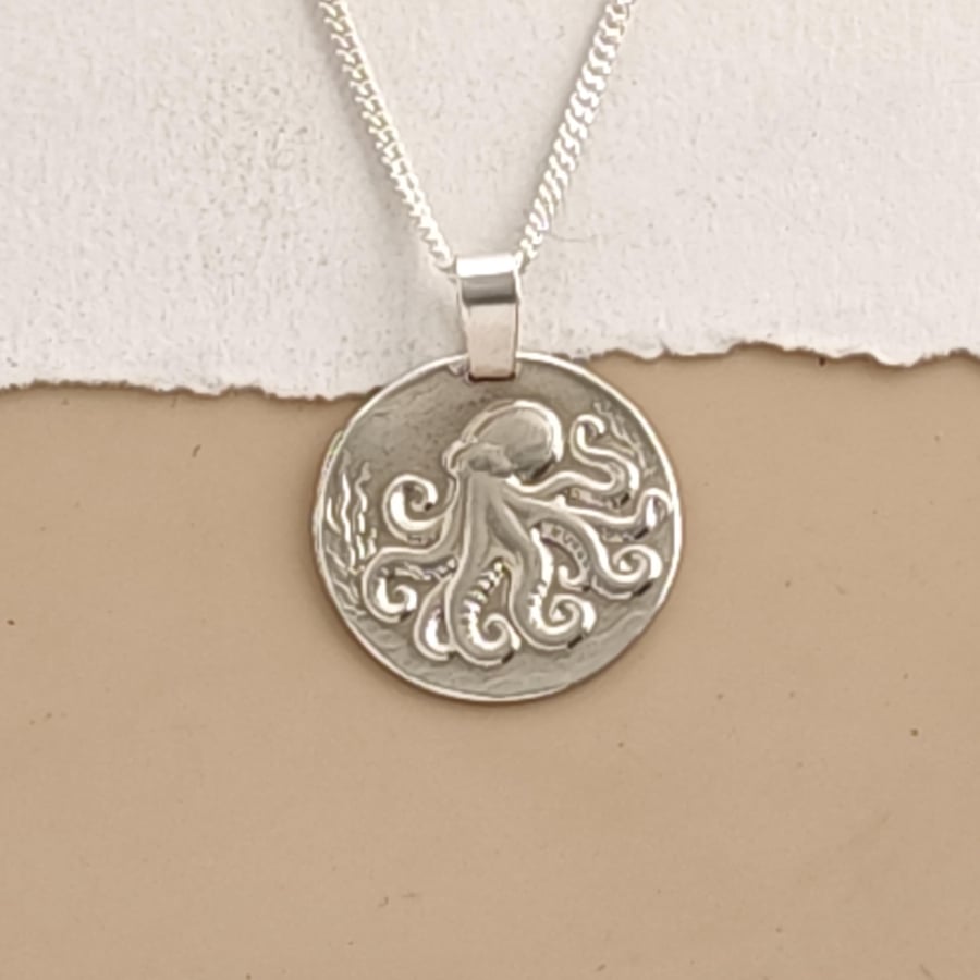 Octopus Engraved Sterling Silver Coin Necklace