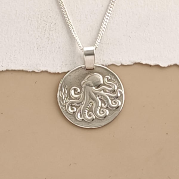 Octopus Engraved Sterling Silver Coin Necklace