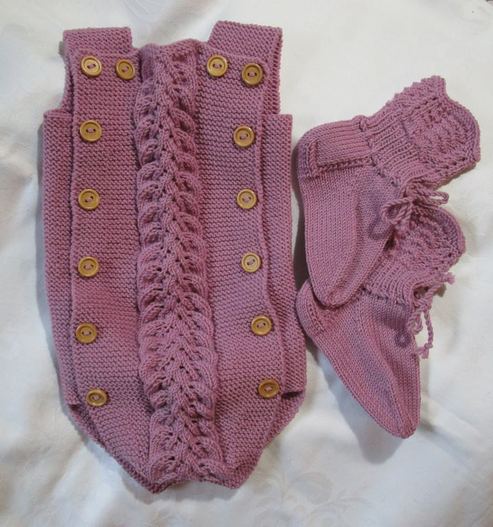 Hand Knitted Baby Body Suit Romper and Socks 100% Merino 12-18 Months