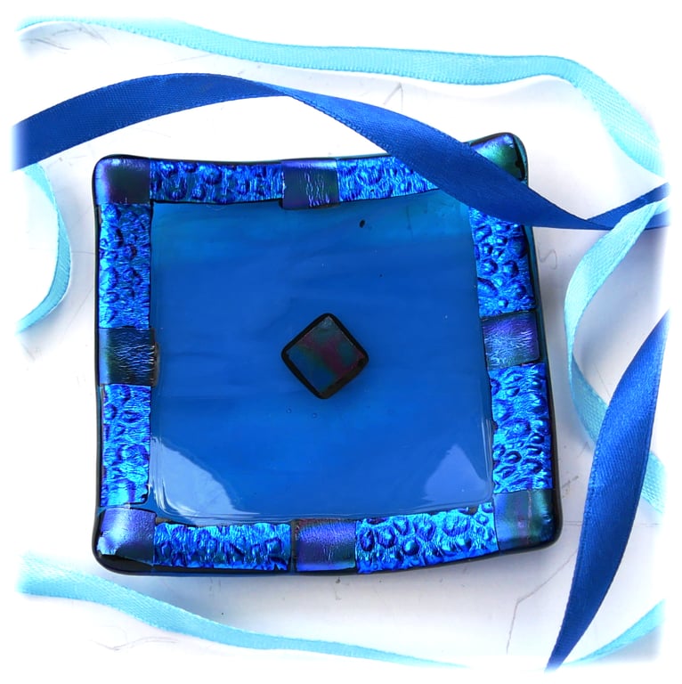 Dichroic Fused Glass Trinket Dish 8cm Turquoise Shiny