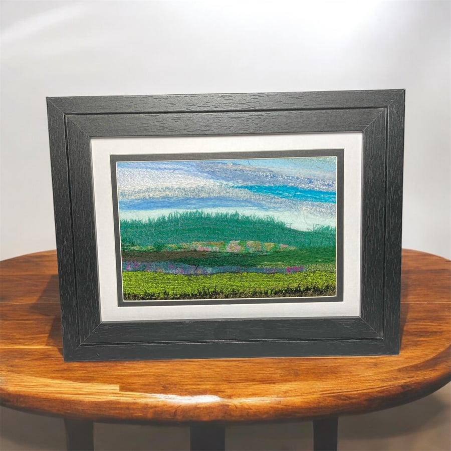 Silk and wool needle felted textile art picture, landscape, mounted or framed