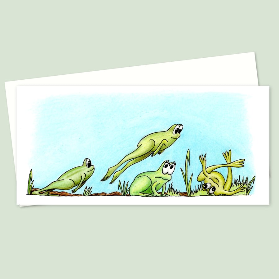 Leap Frogs Greeting Card: Funny Amphibian Games Illustration, Blank Inside (210)