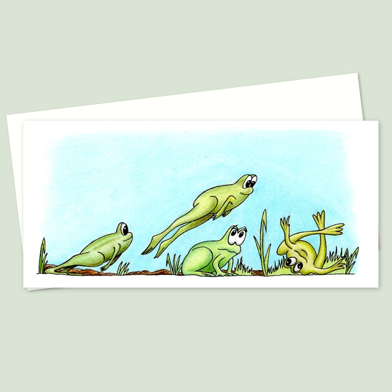 Leap Frogs Greeting Card: Funny Amphibian Games Illustration, Blank Inside (210)