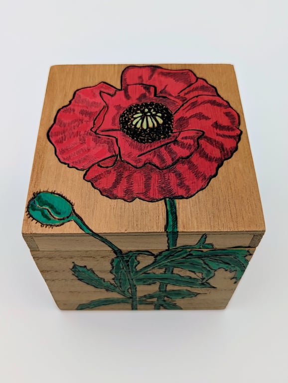 Poppies and bees pyrography wooden box, jewellery, trinket, keepsake box for her