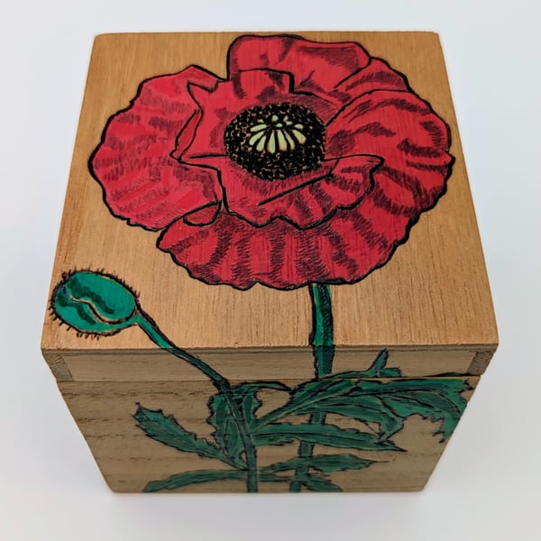 Poppies and bees pyrography wooden box, jewellery, trinket, keepsake box for her