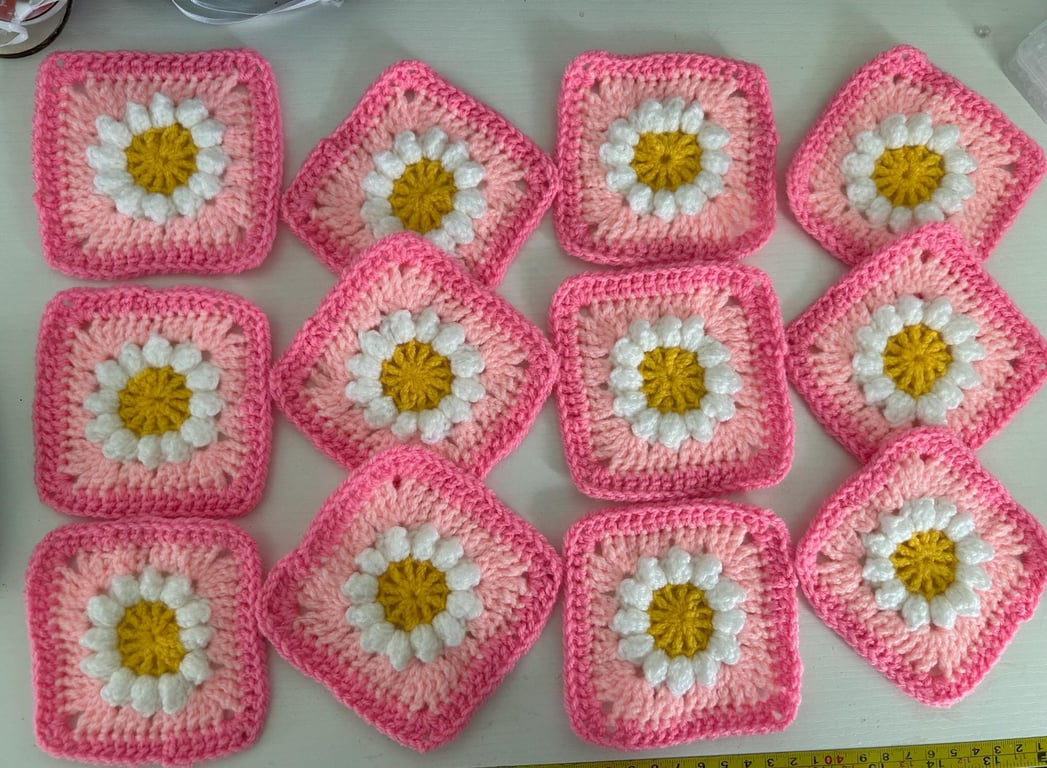 12 Hand crocheted granny squares Pinks