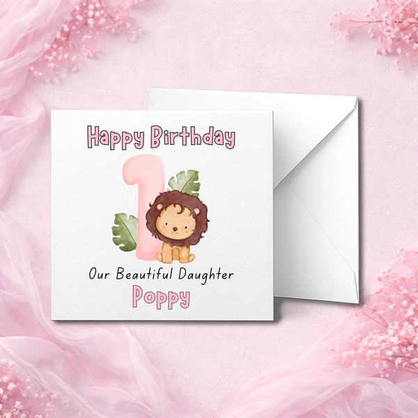 Personalised 1st Birthday Card with Cute Lion and Name, First Birthday Keepsake 