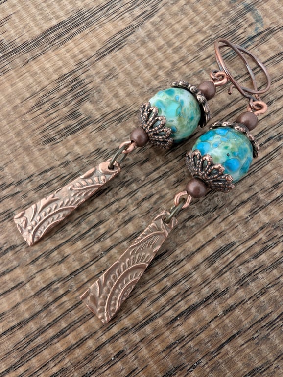 Handmade Copper and Ocean Spray Lampwork Earrings
