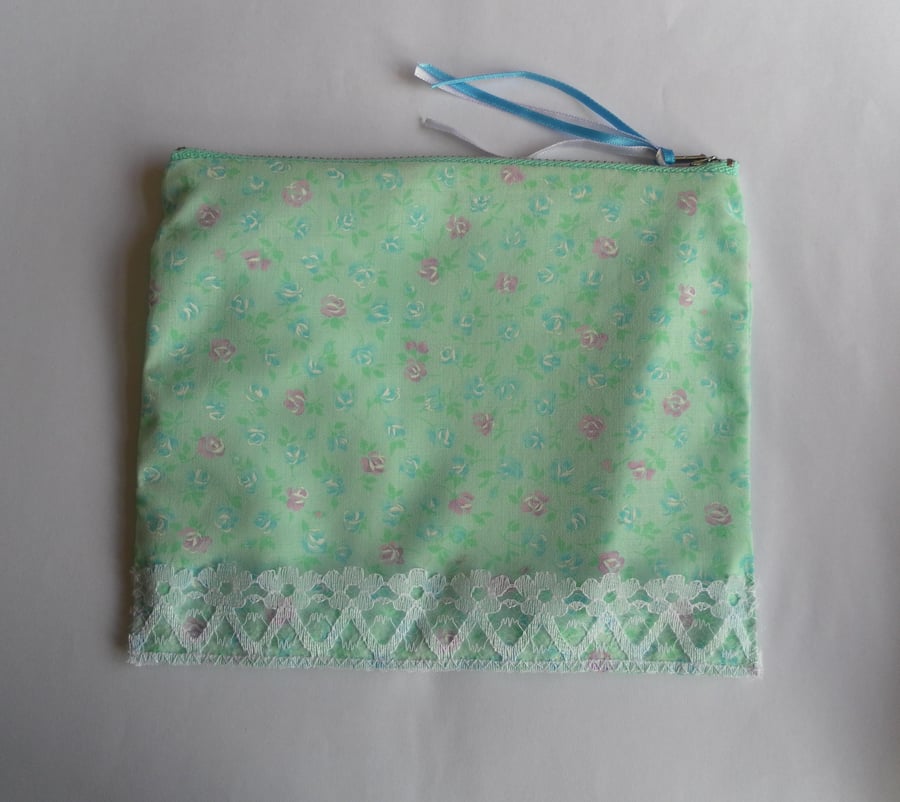 Reduced! Make up bag, mint and white lace, handmade
