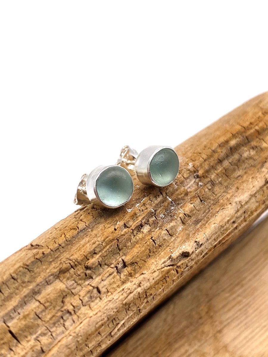 Aqua Sea Glass Stud Earrings