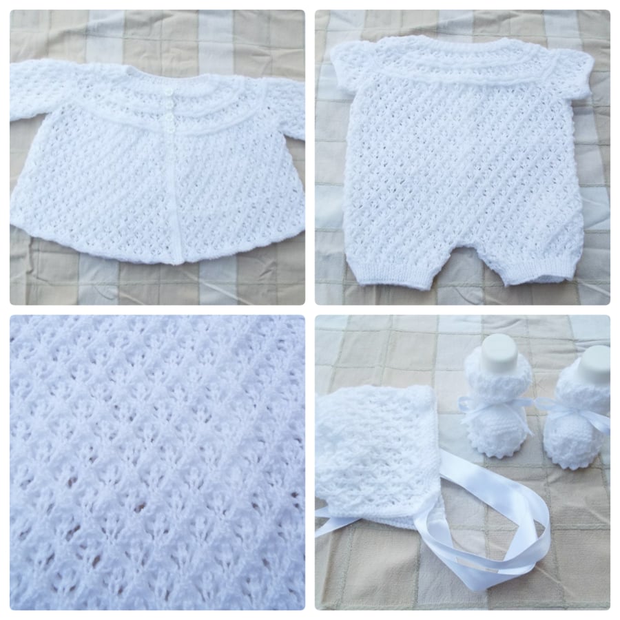 Baby lacy romper set with cardigan, bonnet and booties 0 - 3 months