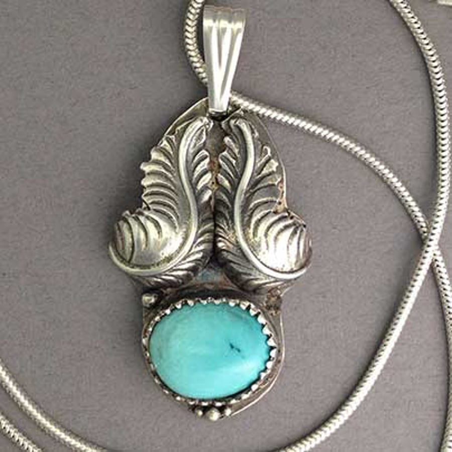 American Turquoise Plume pendant -  Silver feather - December birthstone