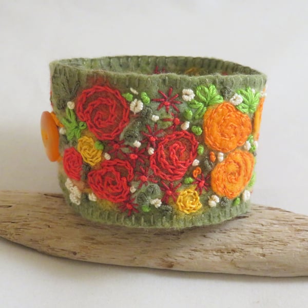 Embroidered and Felted Cuff - Crimson and Orange Roses 