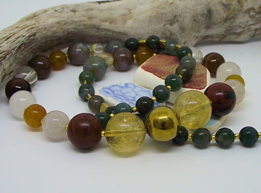 Golden brown and green mixed bead necklace