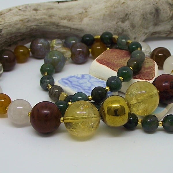 Golden brown and green mixed bead necklace