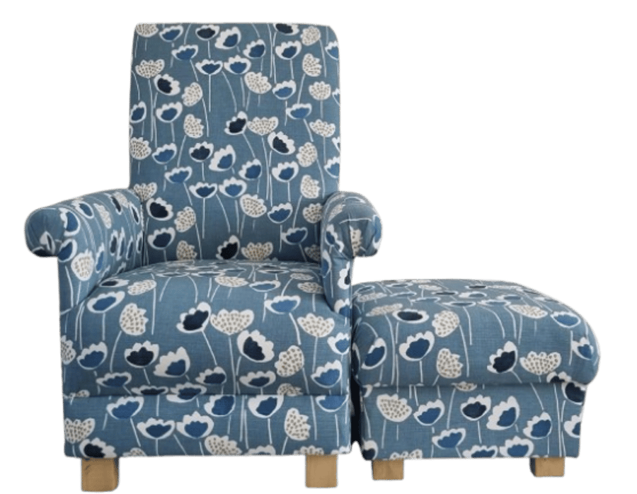 Indigo Blue Floral Chair & Footstool Adult Armchair Pouffe  Accent Flowers Small